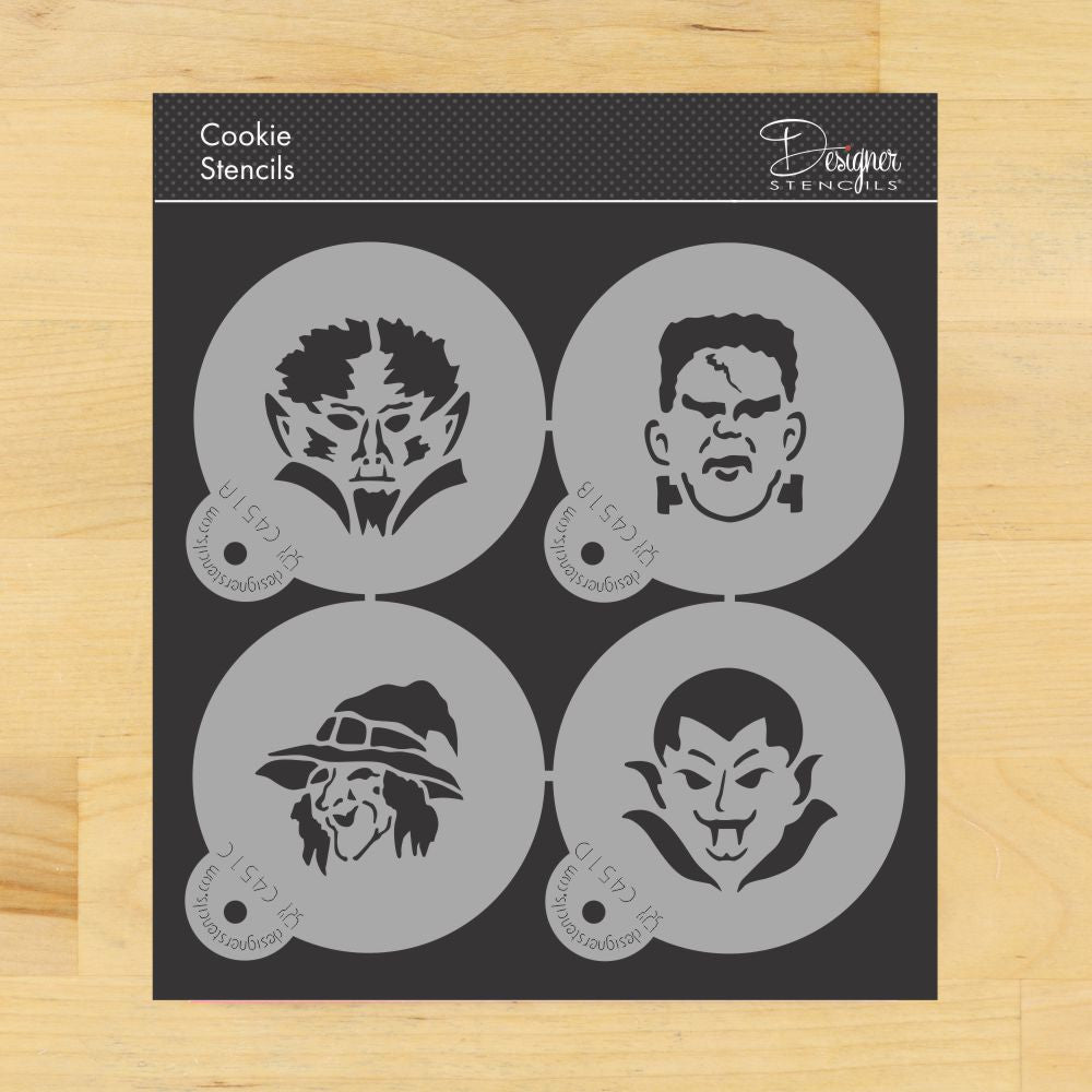 Halloween Monster Faces Round Cookie Stencil Set by Designer Stencils 3 Inch Set