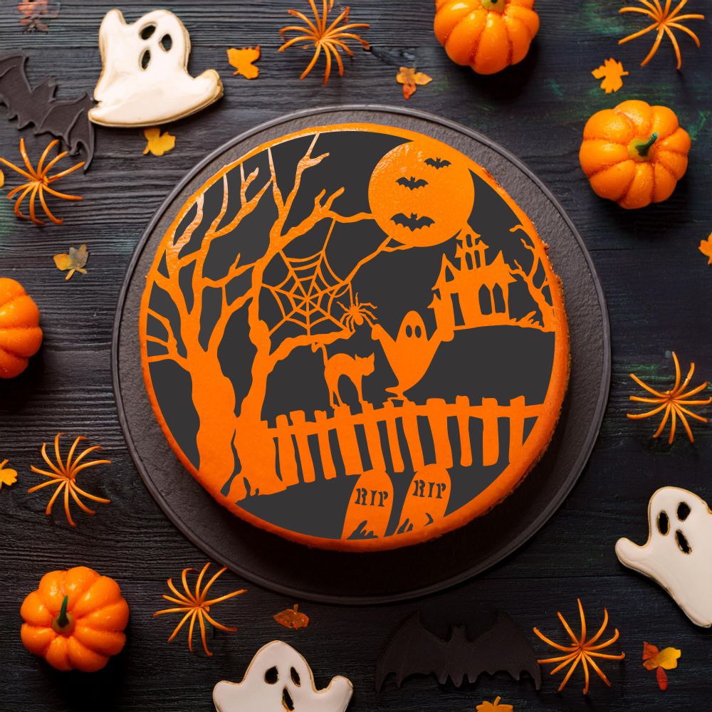 Halloween Cake using the Halloween Fright Cake Stencil Top by Designer Stencils