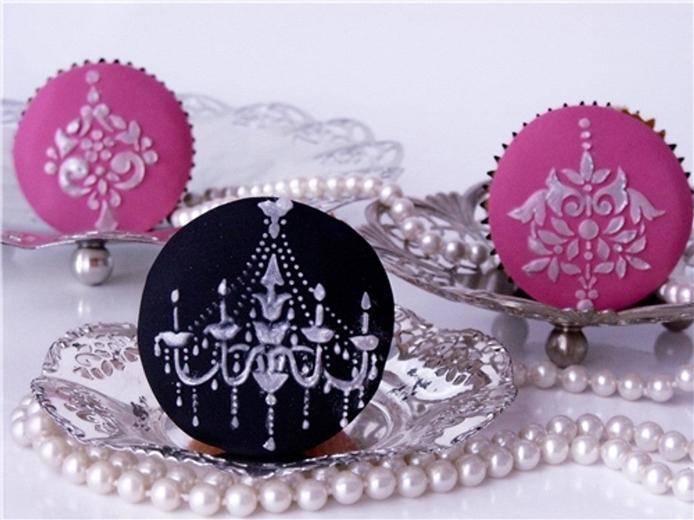 pink and black cookies using Chandelier Cake Stencil Side Set by Designer Stencils
