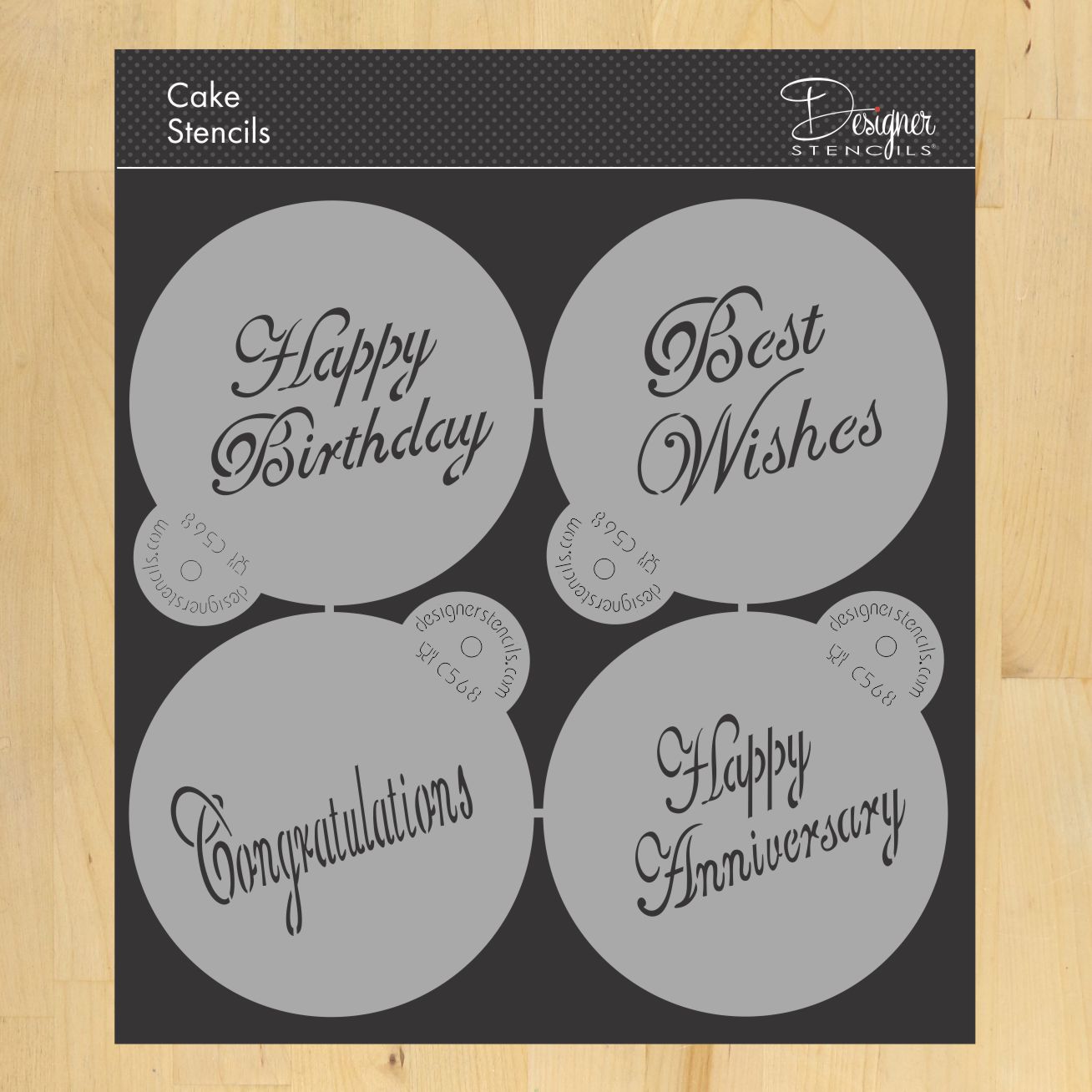 Designer Stencils Script Celebration Cake Stencils Set featuring Happy Birthday, Best Wishes, Congratulations, and Happy Anniversary.