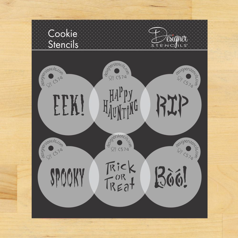 Halloween cookie stencils featuring sayings like EEK, RIP, Spooky, and Trick or Treat by Designer Stencils.