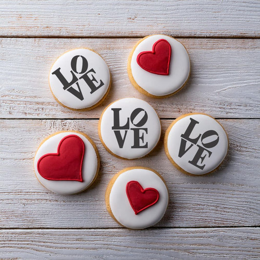 Round Cookies decorated using LOVE Sculpture Round Cookie Stencil Set by Designer Stencils