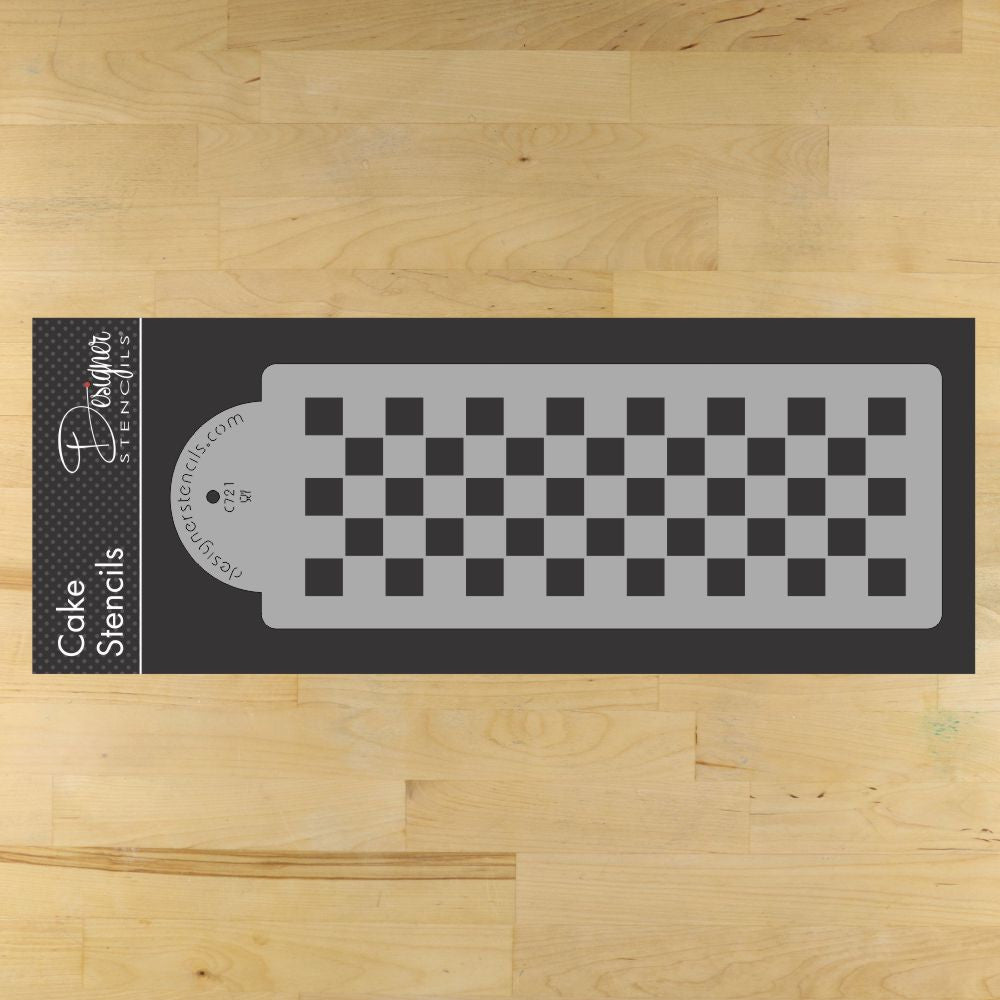Checkerboard cake stencil by Designer Stencils, 4x12 inch for cake decoration, food grade plastic material.