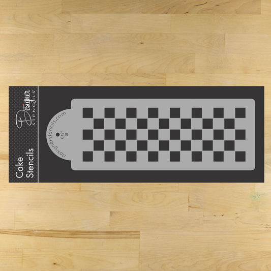 Checkerboard cake stencil by Designer Stencils, 4x12 inch for cake decoration, food grade plastic material.
