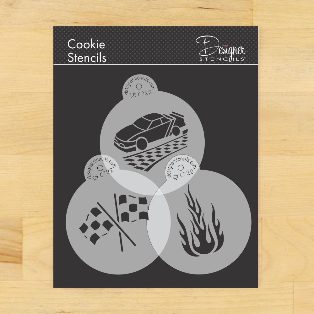 Race car cookie stencil set featuring designs of a race car, checkered flags, and flames on a black background.
