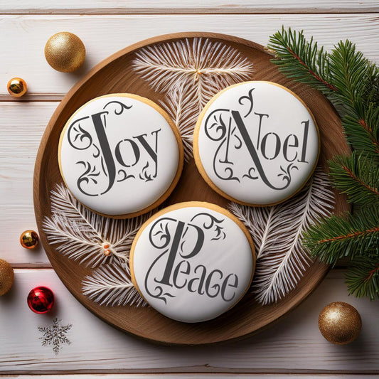 Measurements for the Joy Noel Peace Round Cookie Stencil Set by Designer Stencils