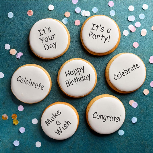Party-themed sugar cookies decorated with stencils, featuring texts: It's Your Day, It's a Party, Happy Birthday, Celebrate, Make a Wish, Congrats.