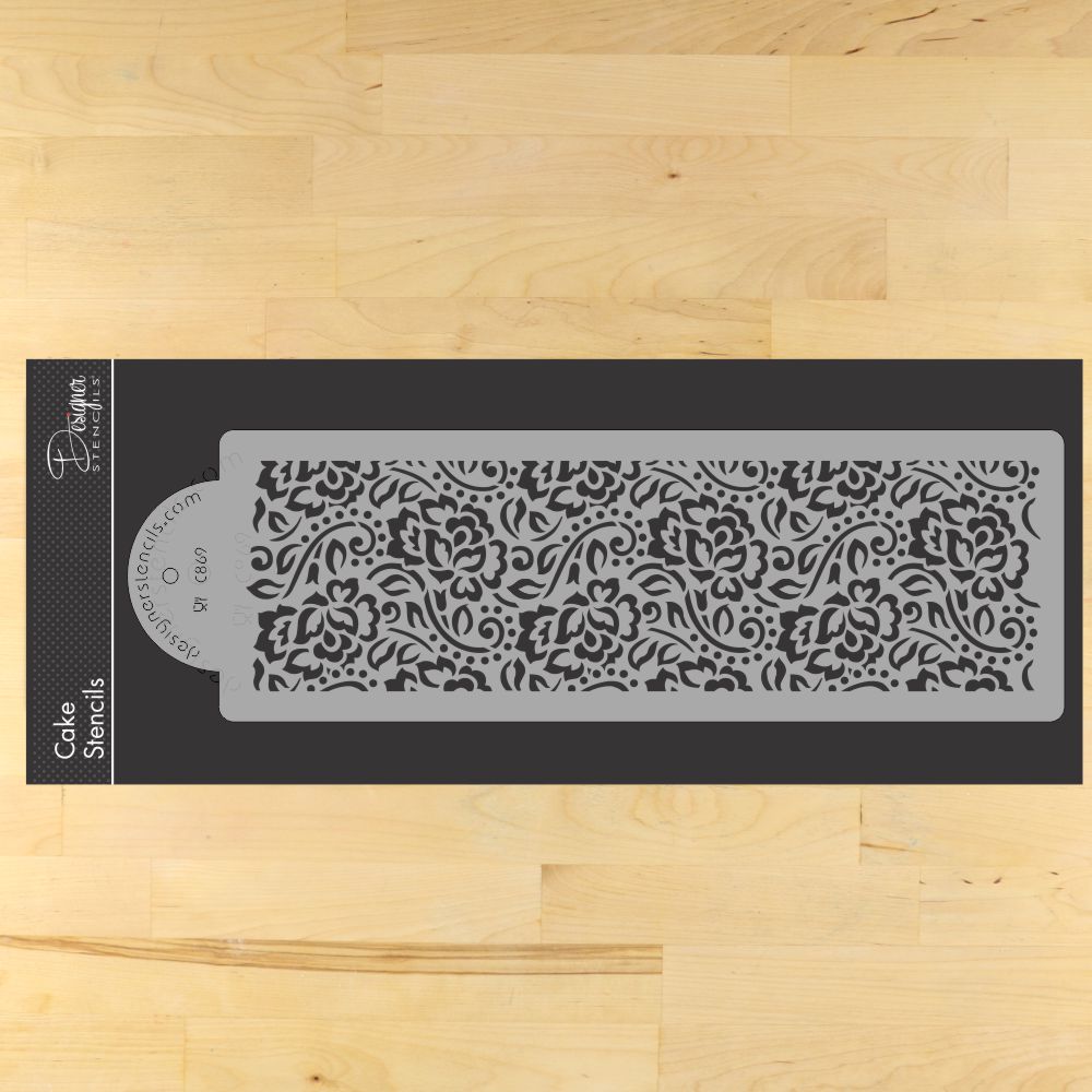 Beige Chantilly Lace cake stencil side from Designer Stencils, 3.8 x 13 inches, ideal for decorating cakes.