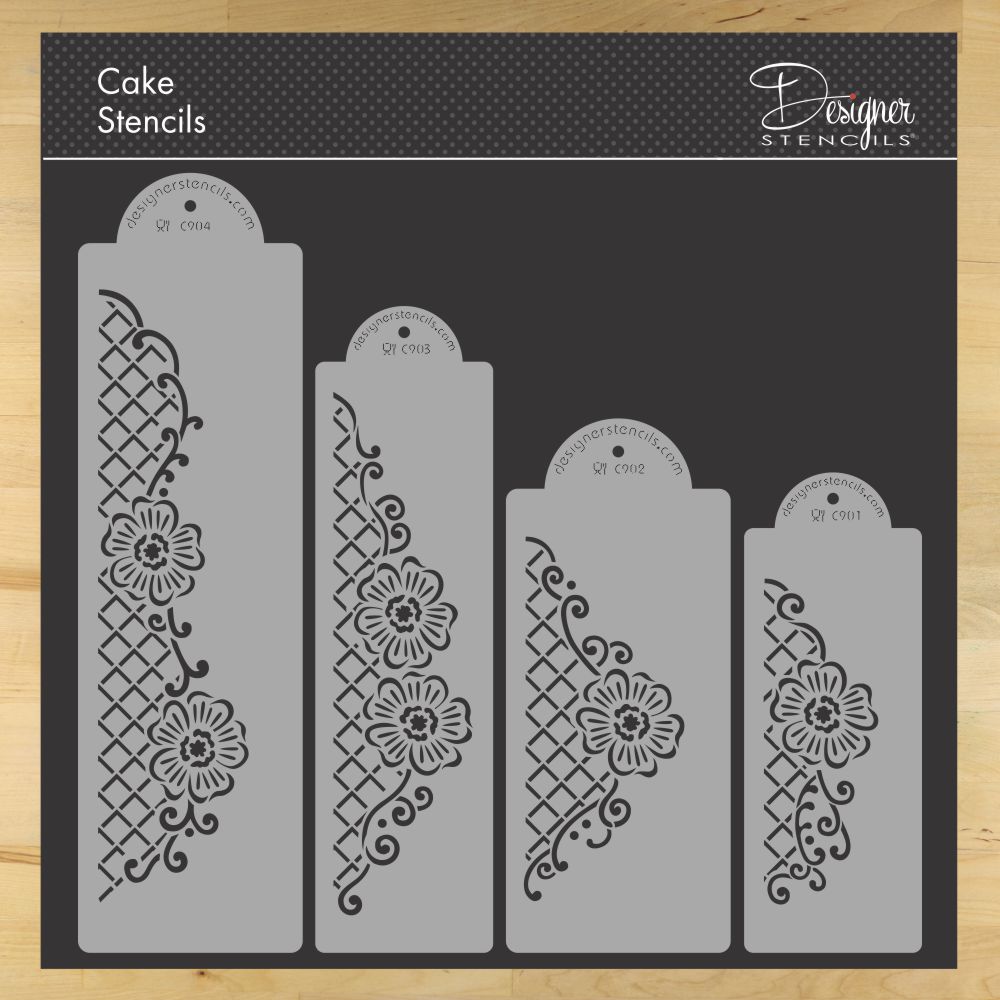 Floral Lace Netting Cake Stencil Side by Designer Stencils Complete Set