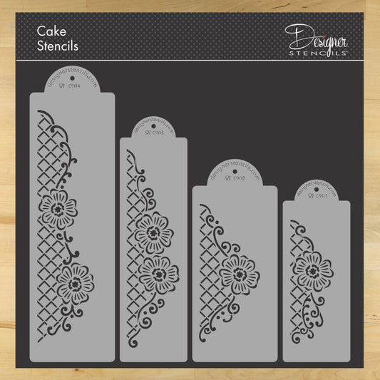 Floral Lace Netting Cake Stencil Side by Designer Stencils Complete Set