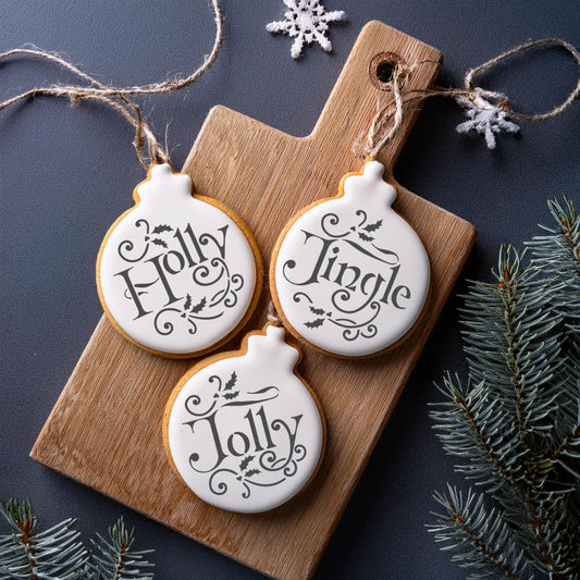3 Cookies decorated using the Holly Jolly and Jingle Round Cookie Stencil Set