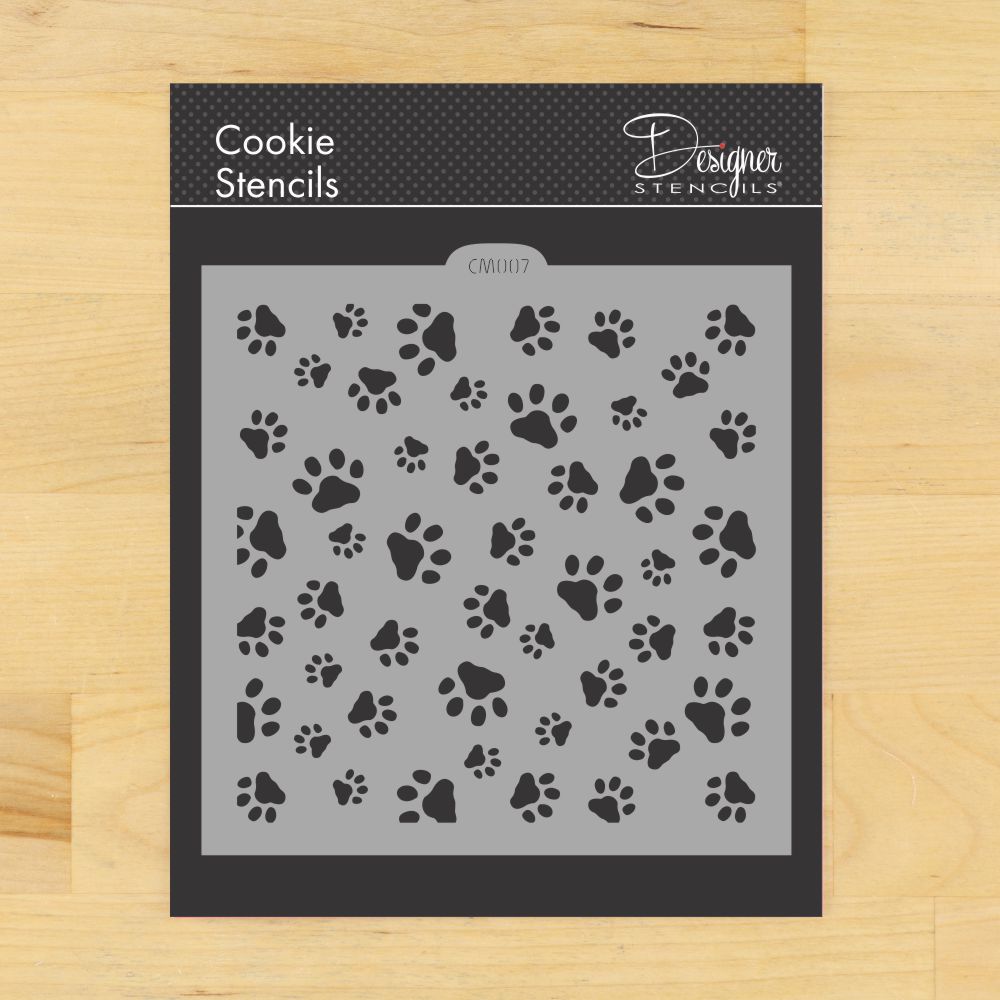 Mini Dog Paws Cookie Stencil by Designer Stencils, featuring food-grade quality for baking and crafting.
