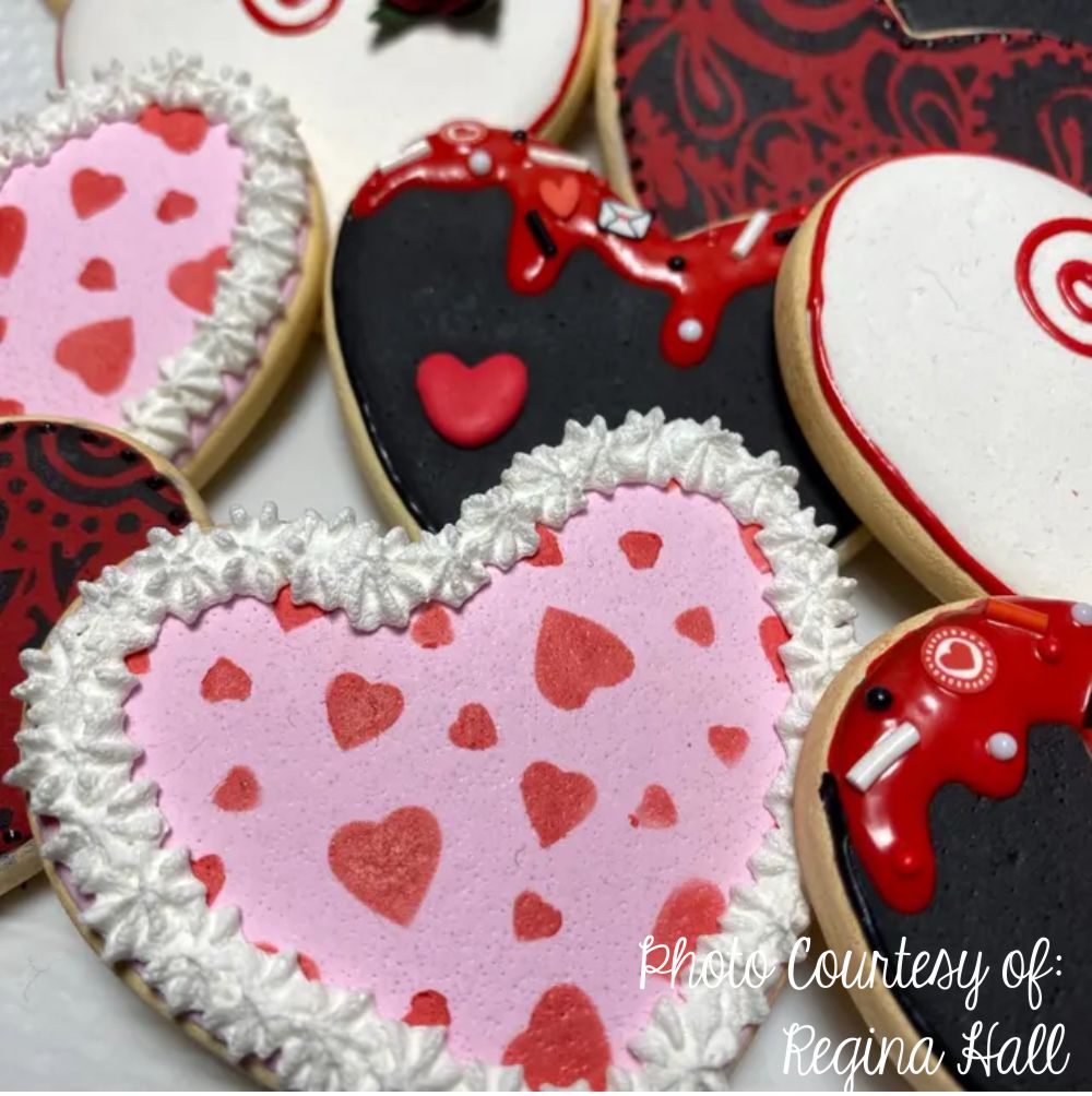 Cookies decorated using the Mini Heart Cookie Stencil by Designer Stencils