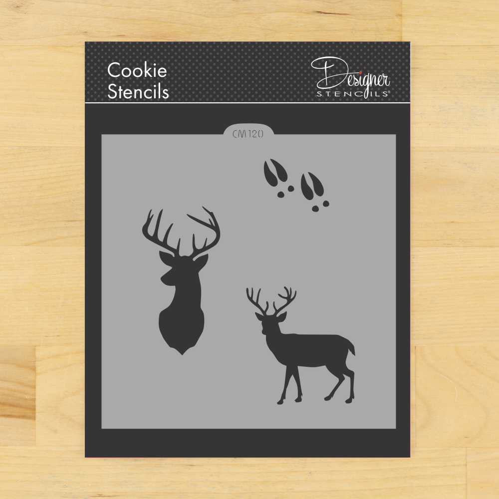 Deer Buck cookie stencil by Designer Stencils, featuring a deer silhouette and tracks, perfect for baking and DIY crafts.
