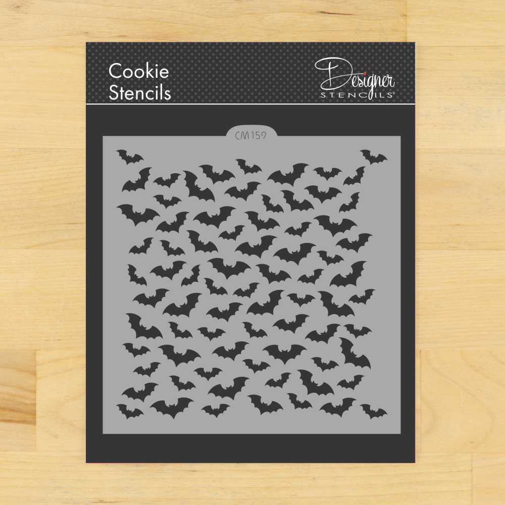 Scattered Bats Cookie Stencil CM159 by Designer Stencils, 5.5" x 5.5", ideal for baking and decorating cookies.