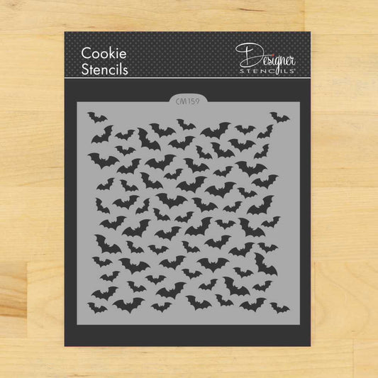 Scattered Bats Cookie Stencil CM159 by Designer Stencils, 5.5" x 5.5", ideal for baking and decorating cookies.