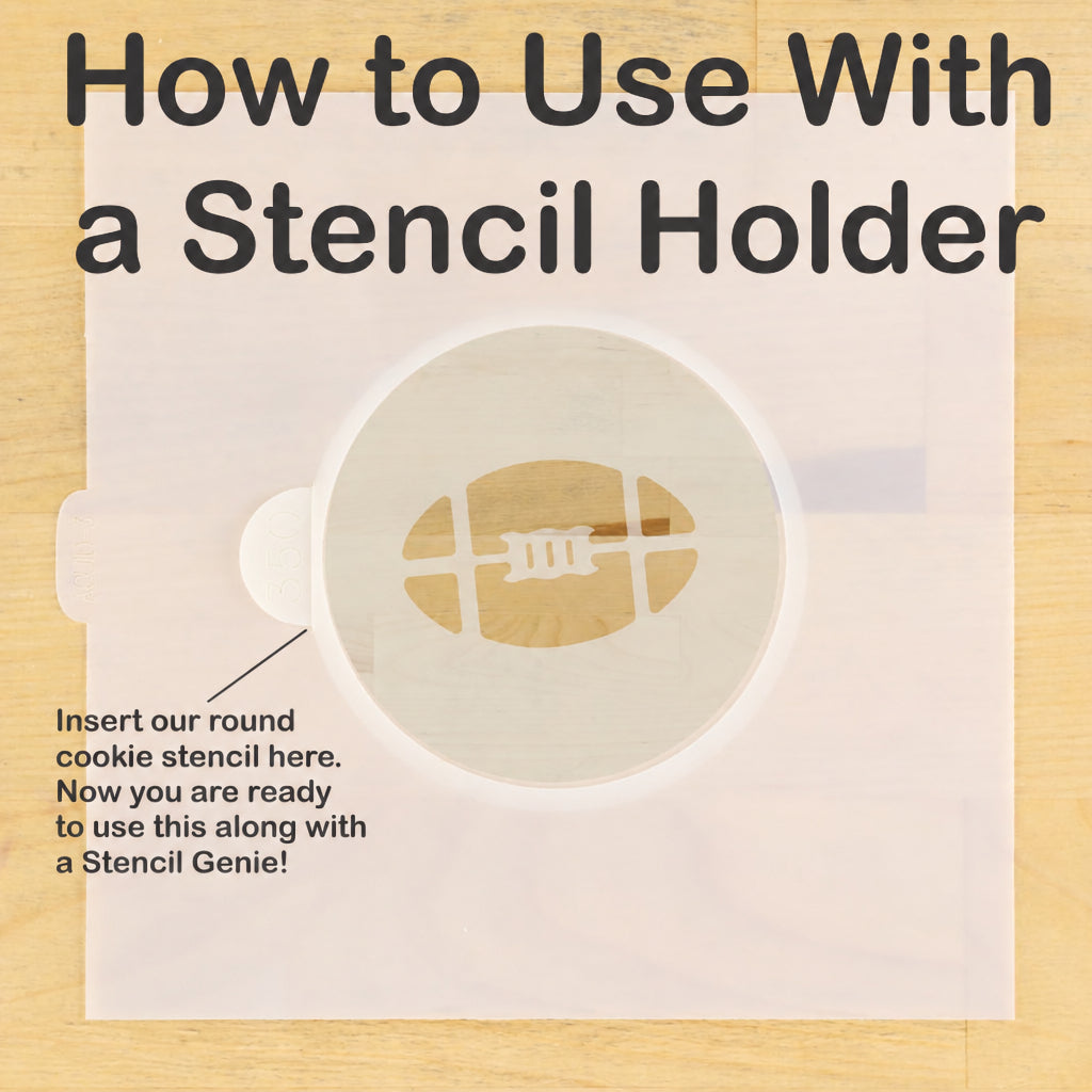 Instructions on how to use a stencil holder with a round cookie stencil, featuring text and a sample stencil design.