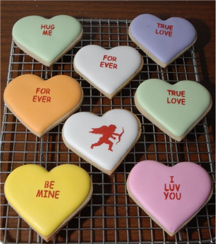 Heart Shaped Cookies Using the Candy Heart Sayings Round Cookie Stencil Set by Designer Stencils