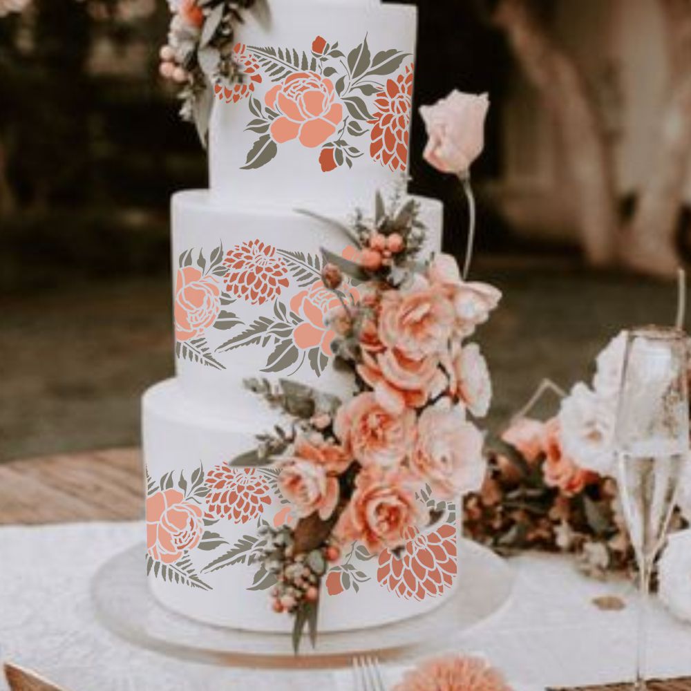 French Bouquet Cake Side Stencil Airbrushed on three tiered cake