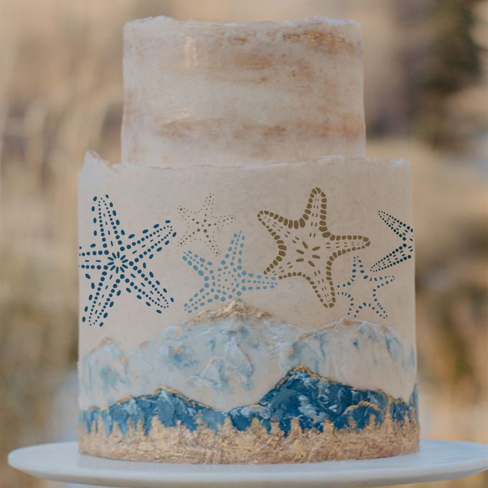 Beach Theme Decorated Cake with stenciled starfish