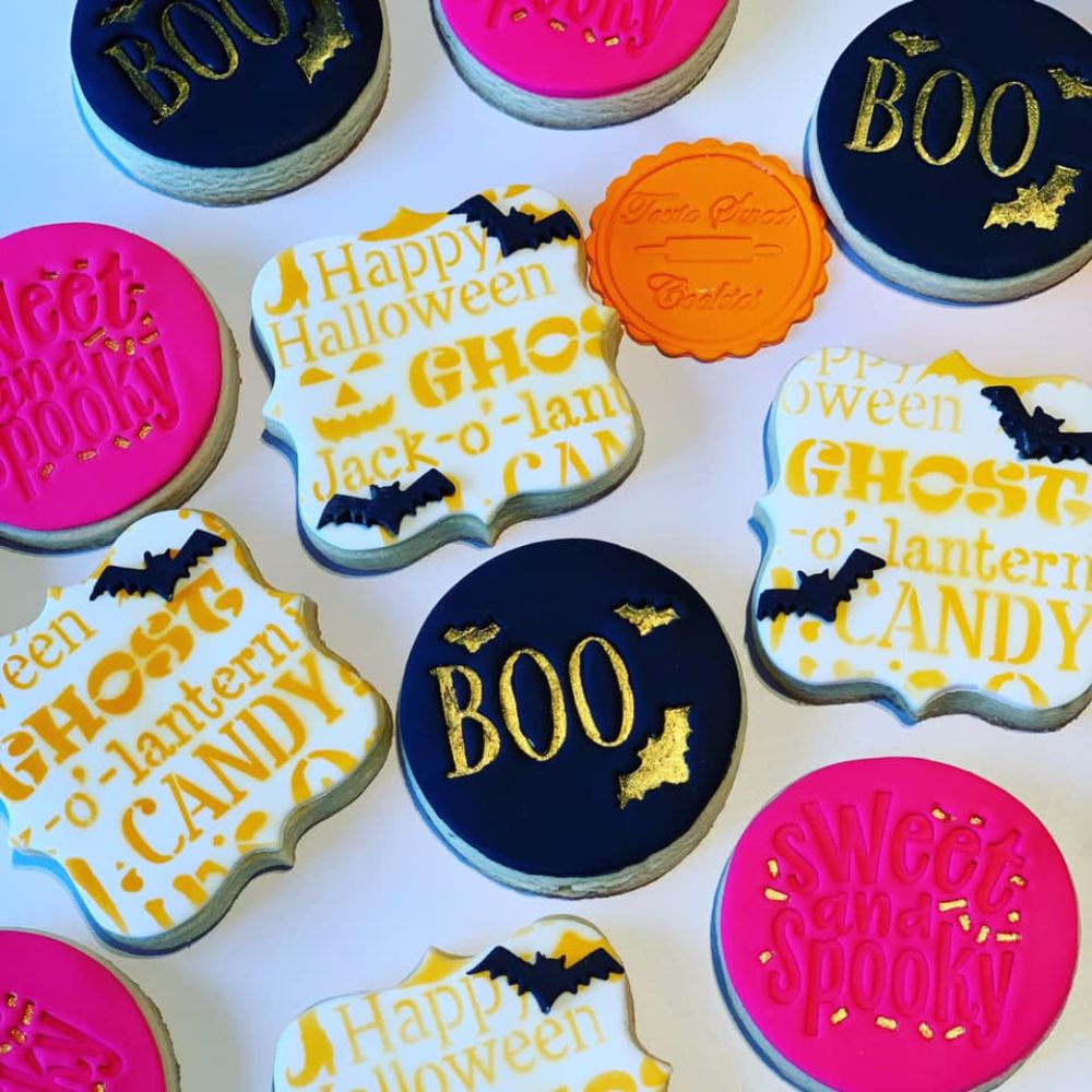 Halloween Cookie Stencil airbrushed onto cookies by Toute Sweet Cookies