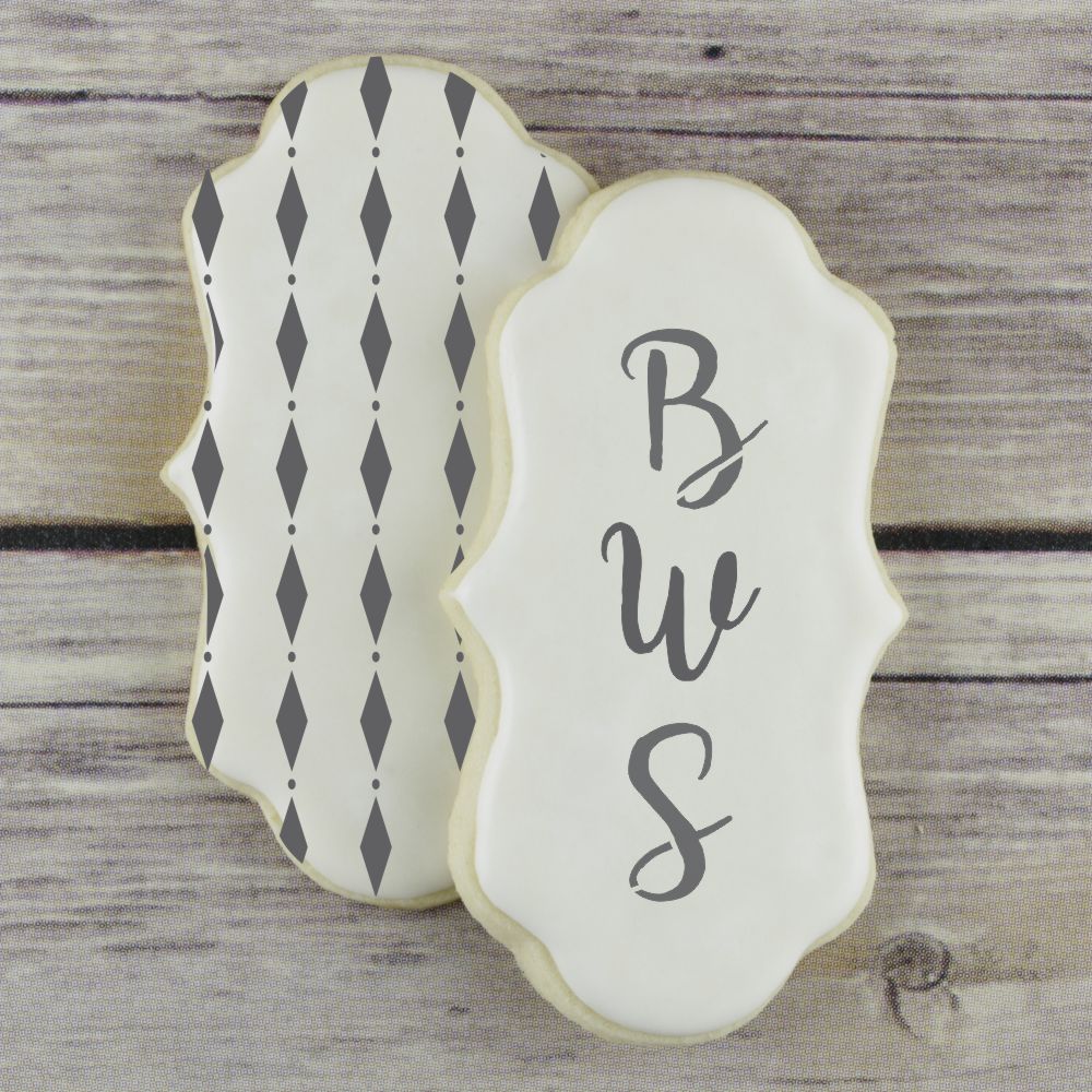 Monogrammed cookie airbrushed with Sweetheart Swirl Alphabet Cookie Stencils