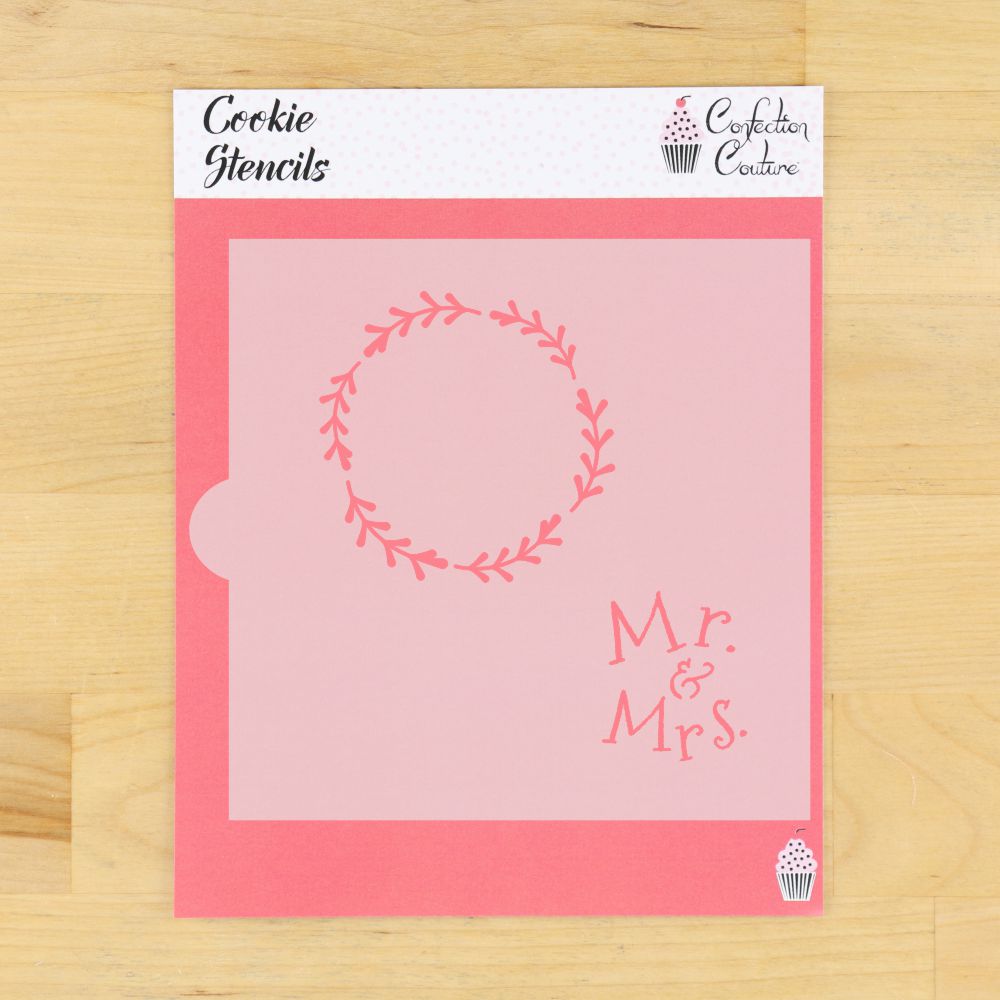 Mr. and Mrs. With Laurel Wreath Wedding Cookie Stencil