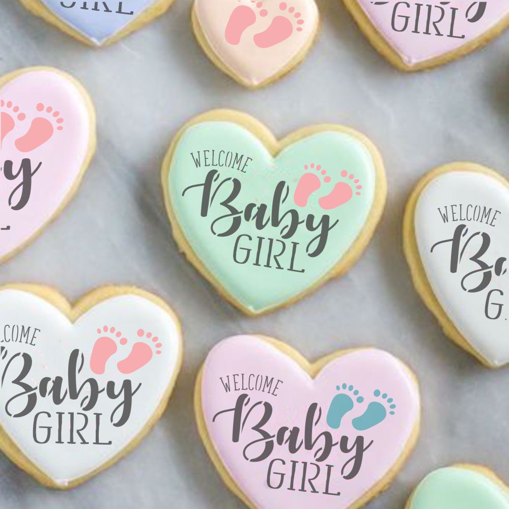 Welcome Baby Cookie Stencil painted onto a heart shaped cookie