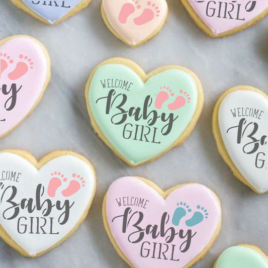 Welcome Baby Cookie Stencil painted onto a heart shaped cookie