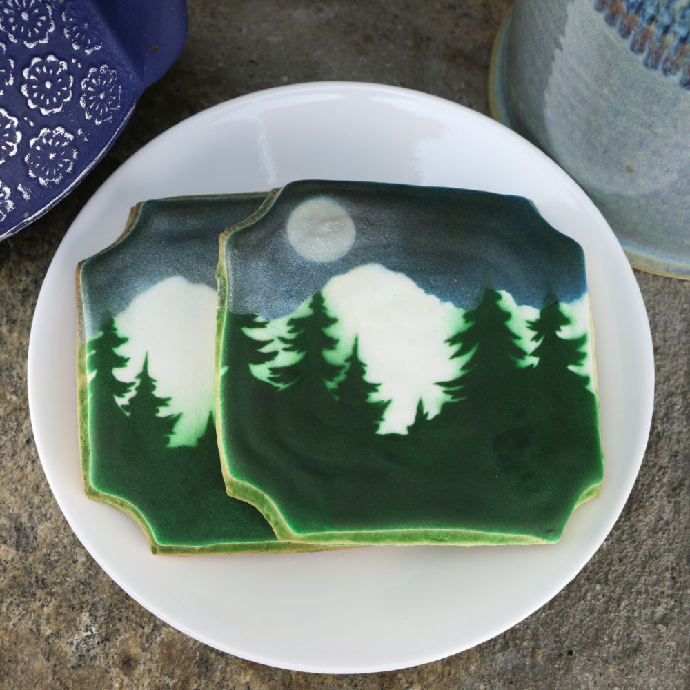 Airbrushed Cookies with Pine Trees and Mountains