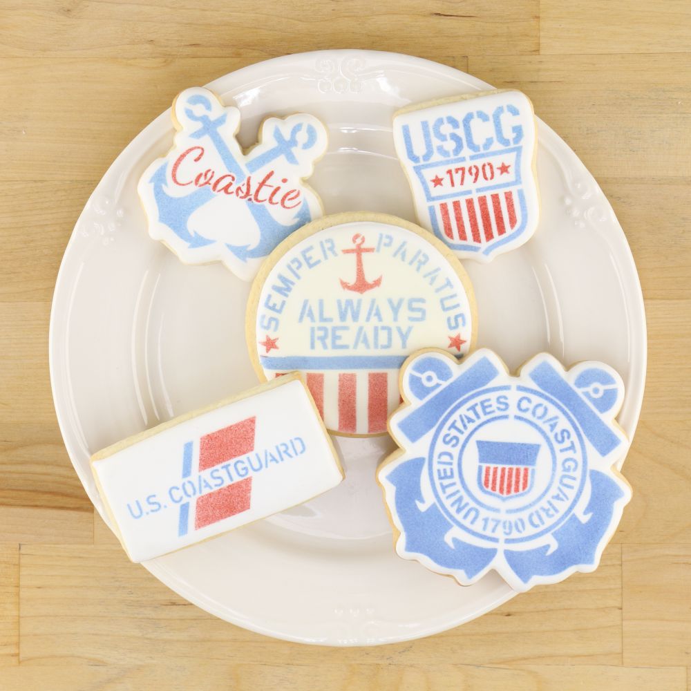 Cookies decorated with US Coast Guard Cookie Stencils