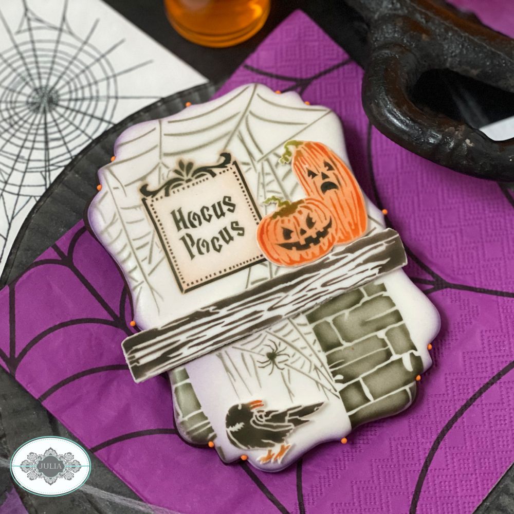 hocus pocus cookie stencil message airbrushed on halloween cookie by julia usher
