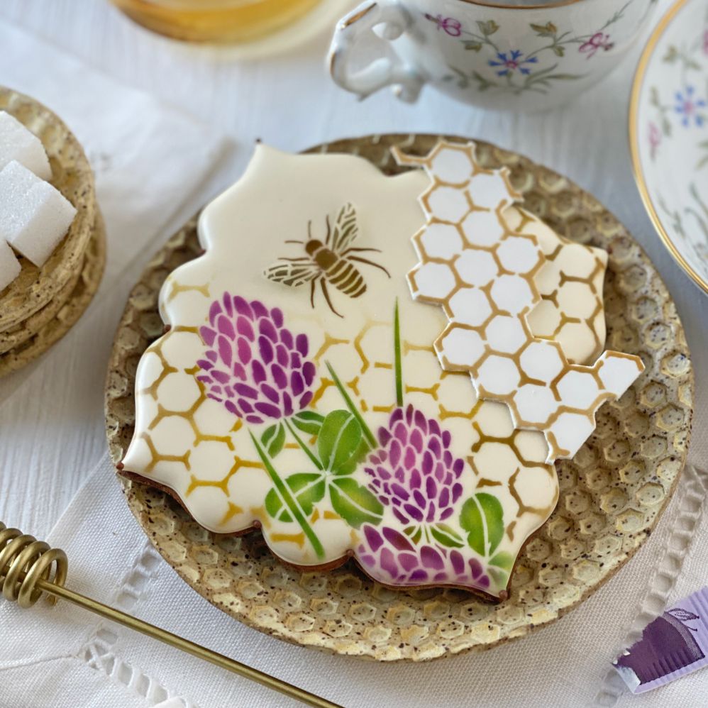 Decorated bee themed cookie by Julia Usher using Bees and Blossoms Dynamic Duos Cookie Stencil Set