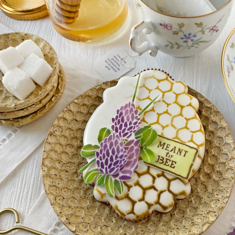 Decorated bee themed cookie by Julia Usher using Bees and Blossoms Dynamic Duos Cookie Stencil Set