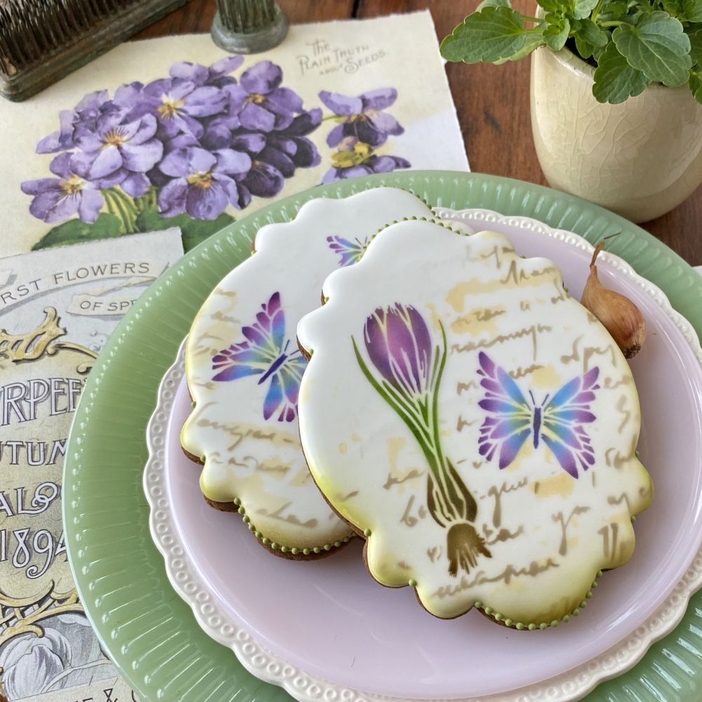 Airbrushed cookie by Julia Usher using the Vintage Blubls Dyanamic Duos Set