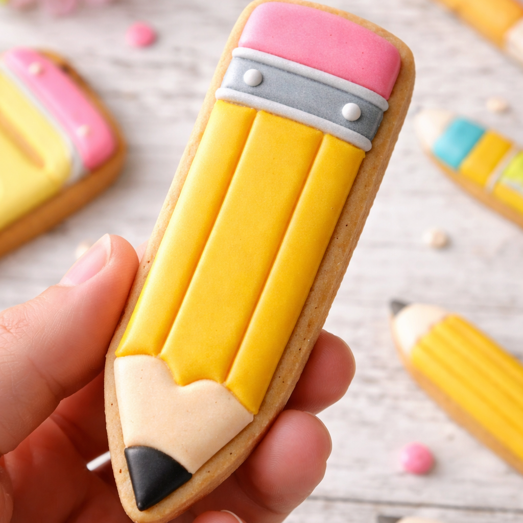 Pencil shaped cookie made with the pencil cookie cutter