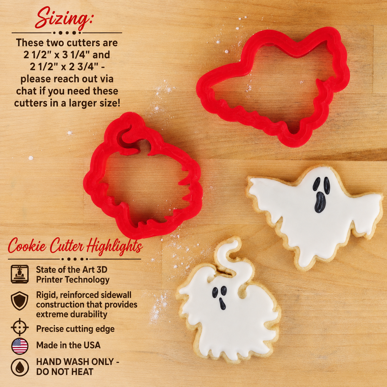 Dimensions and highlights for the Ghost Cookie Cutter Set