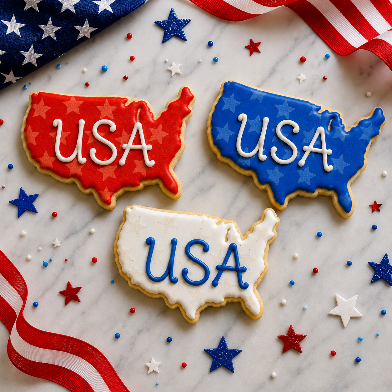 Three cookies shaped like the United States with 'USA' text, surrounded by American flags and stars on a marble surface.