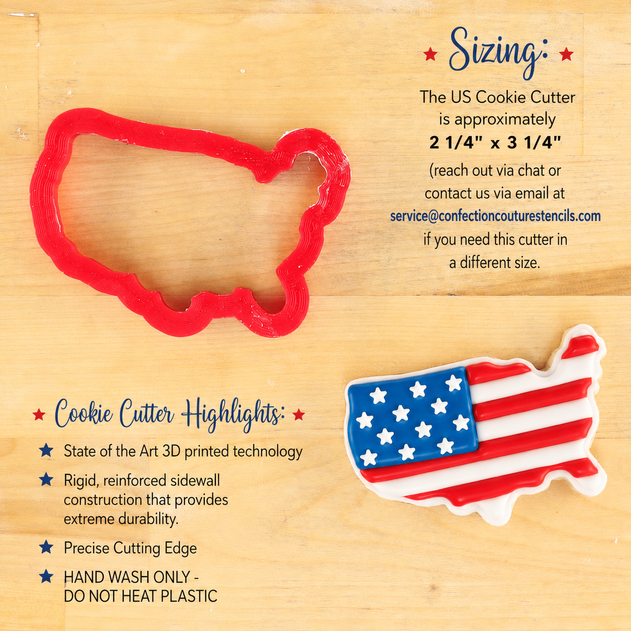 Dimensions and highlights for the USA map cookie cutter