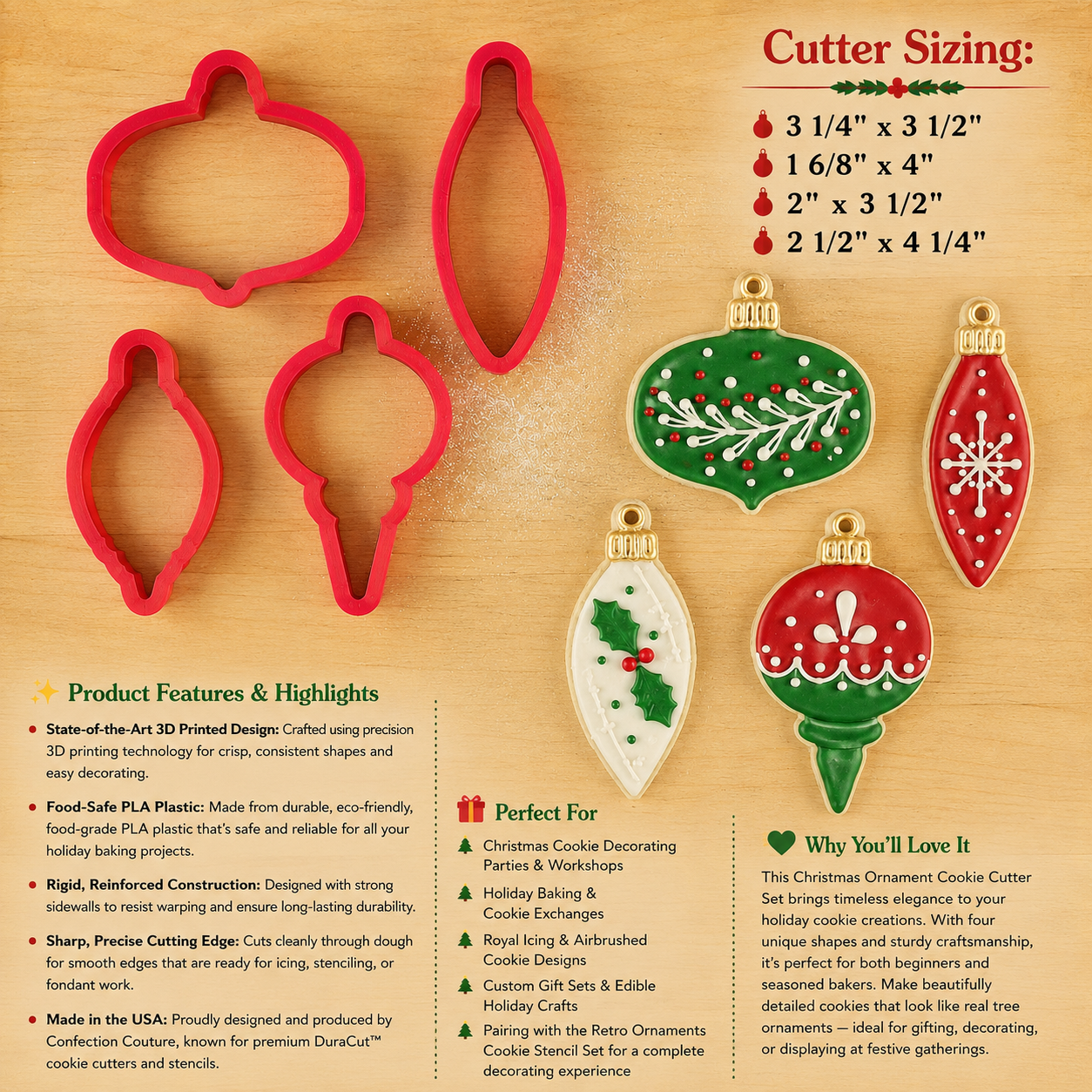 Product details, sizing and decorating ideas for the Christmas Ornament Cookie Cutter Set