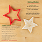 A wooden board displays a red star-shaped cookie cutter and a star-shaped cookie cutout, alongside text detailing the sizing info and product features on a light wood background.
