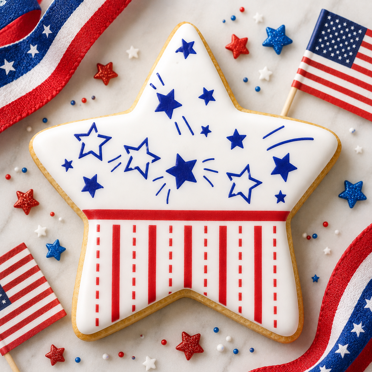 Star-shaped cookie with American flag design on a marble surface with small flags and stars.