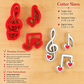 Product features, dimensions and care instructions for the Music Notes Cookie Cutters