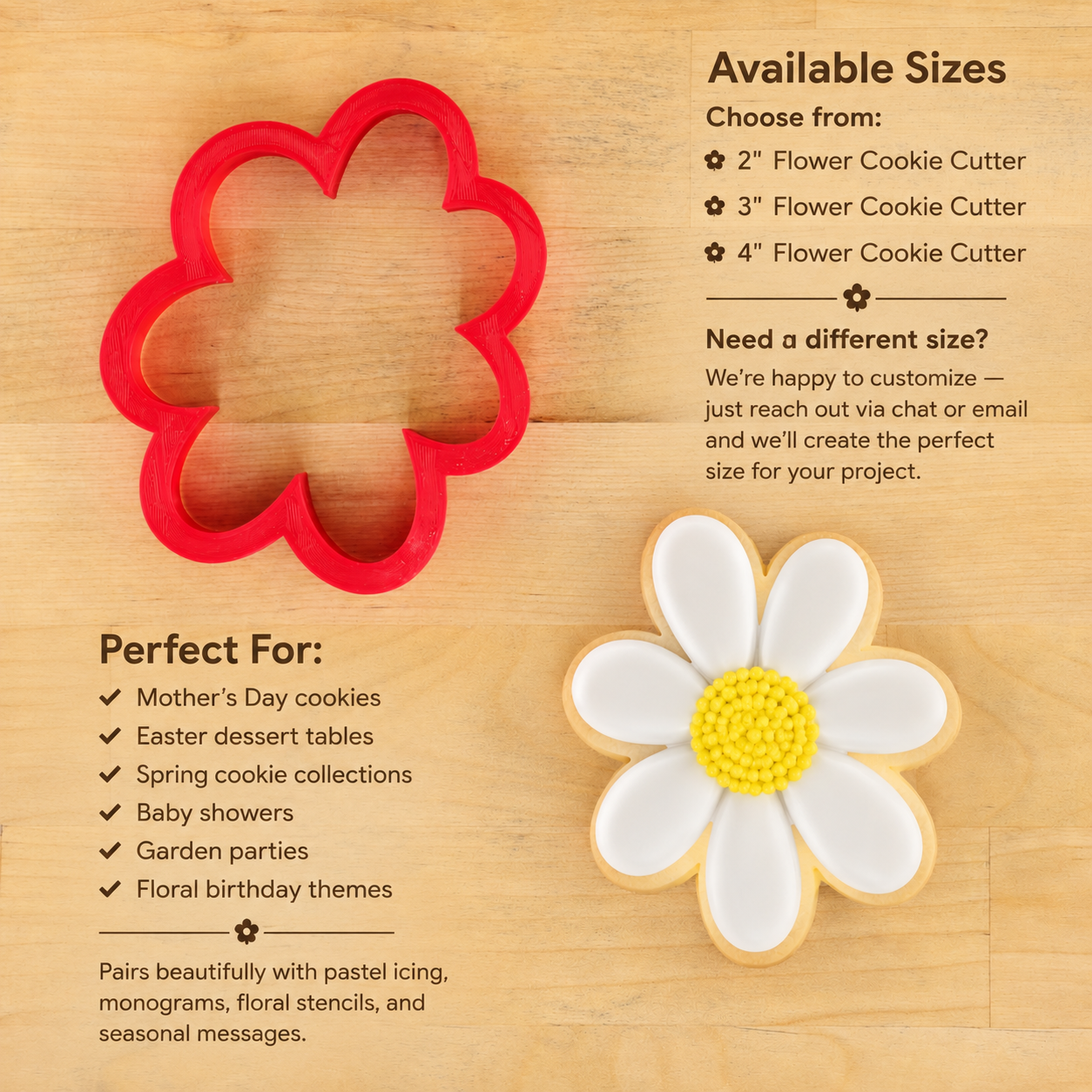 A red flower-shaped cookie cutter displayed on a light wood background with informational text about available sizes and use cases, alongside a decorated flower-shaped cookie for demonstration.
