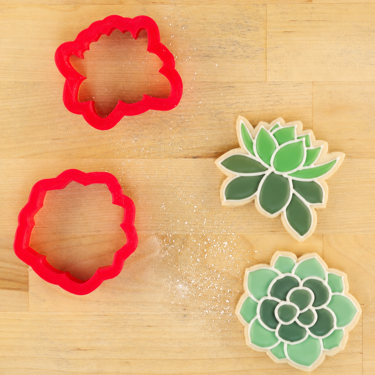 Two succulent plant-shaped cookie cutters and two decorated succulent-shaped cookies on a light wood surface with a bit of flour scattered.