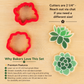 A set of red succulent-shaped cookie cutters shown on a light wood background, alongside three green succulent-shaped printed samples and text describing the product features and sizes.