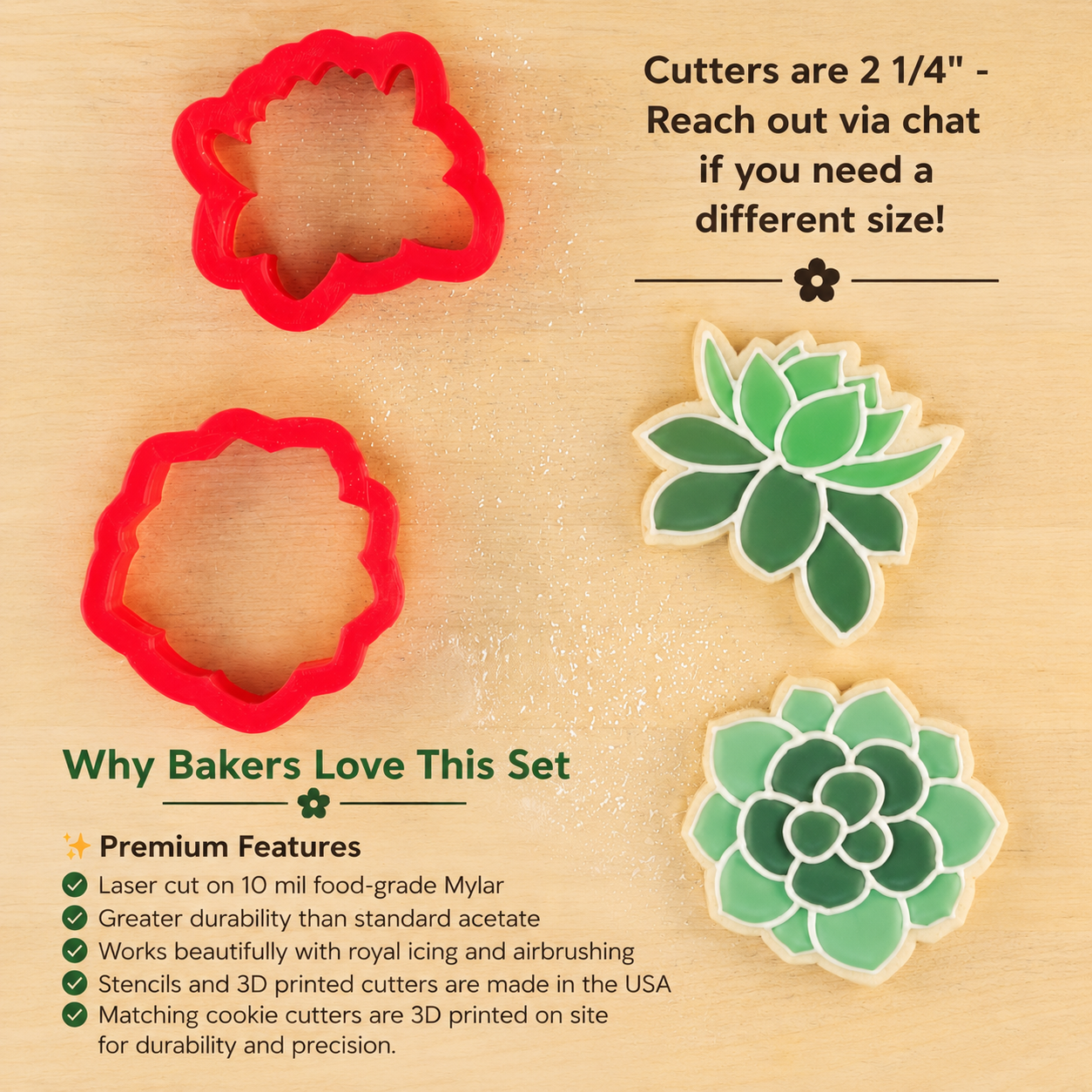 A set of red succulent-shaped cookie cutters shown on a light wood background, alongside three green succulent-shaped printed samples and text describing the product features and sizes.