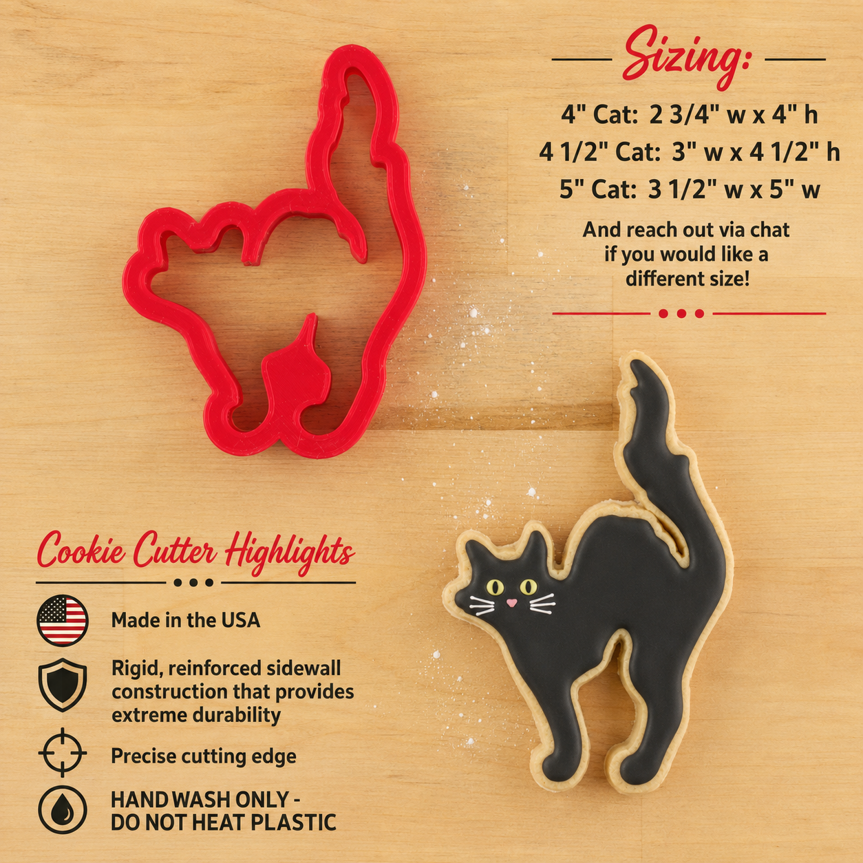Highlights and dimensions for the black cat cookie cutter for Halloween