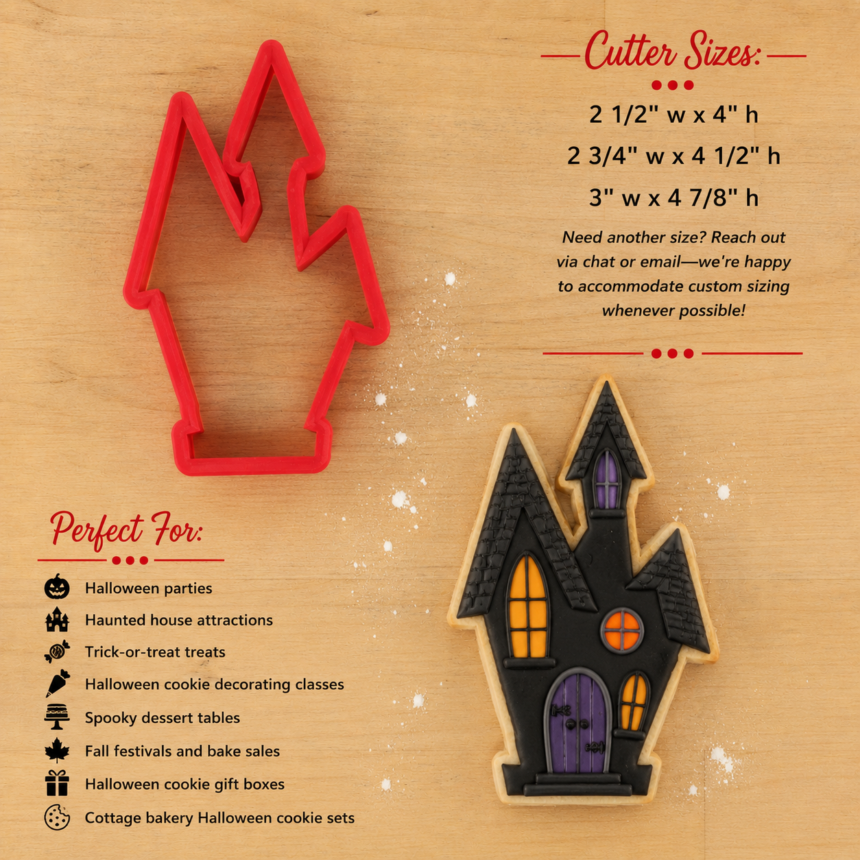 Dimensions and highlights for the Haunted House Halloween Cookie Cutter 