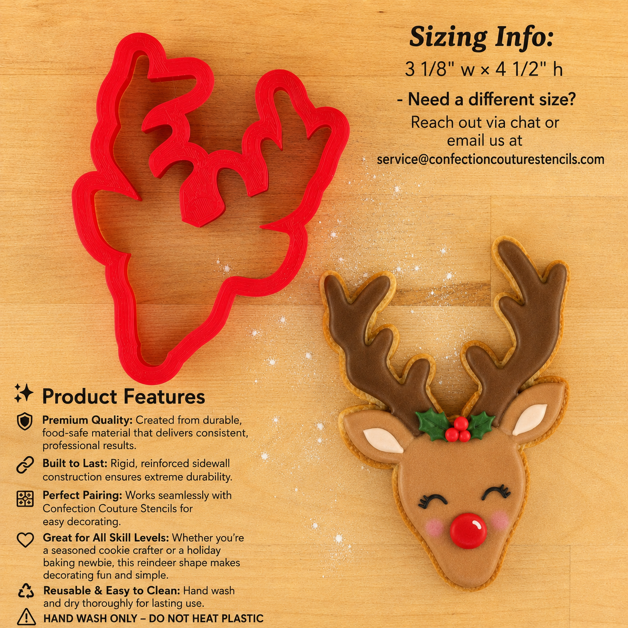 Dimensions and product details for the Reindeer Cookie Cutter